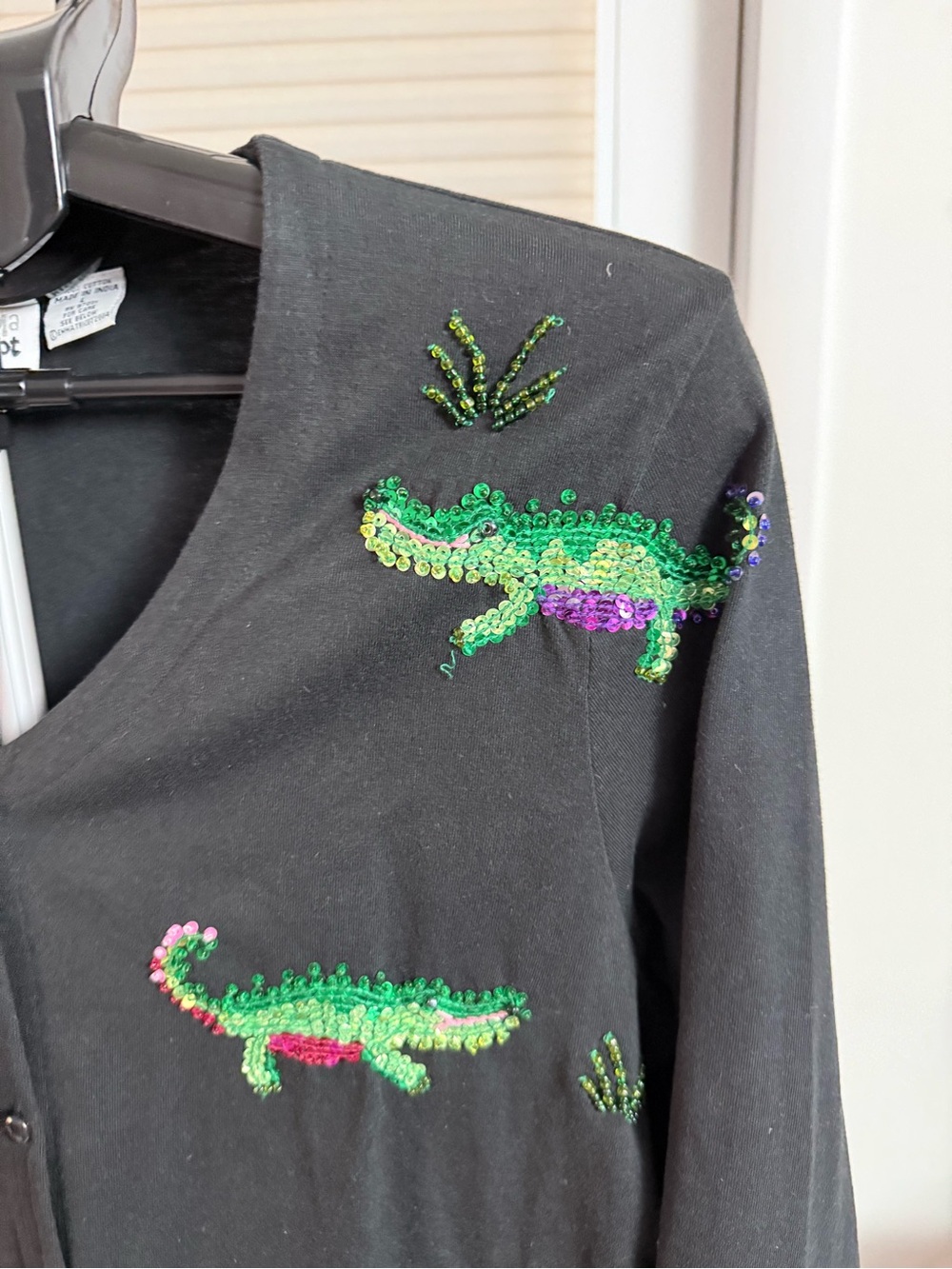 VTG Y2K black Emma Tricot cardigan sequin alligators beaded grass button up L - Picture 7 of 10